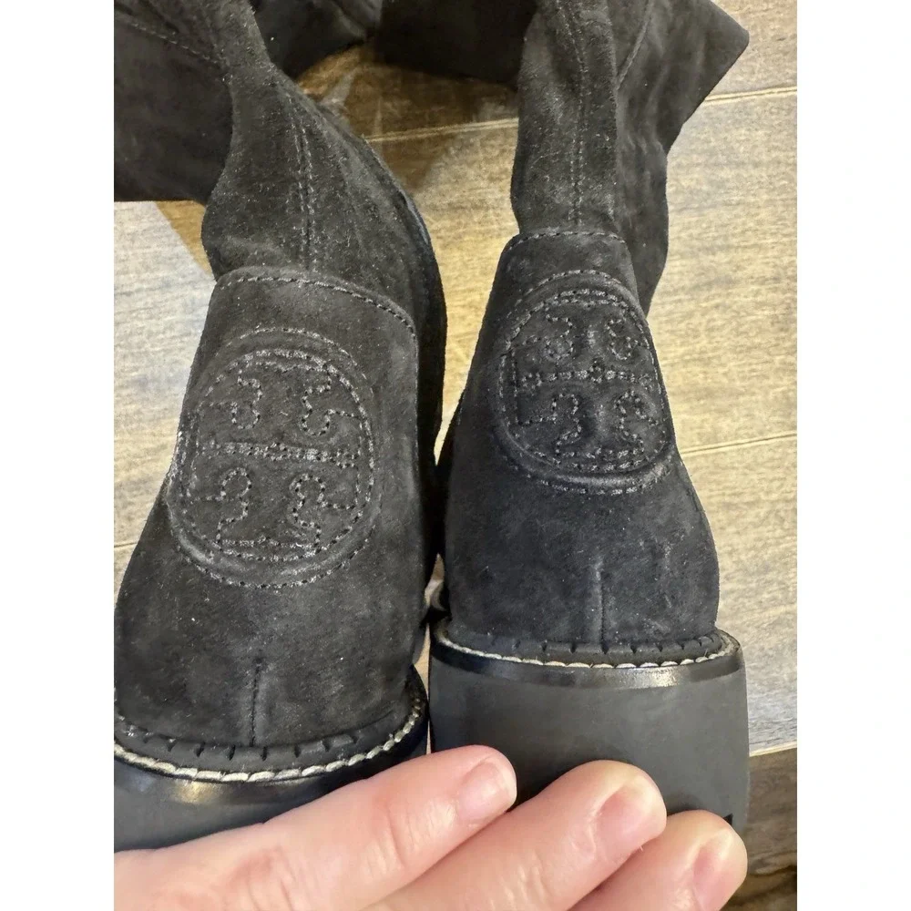 Tory Burch Black Suede Logo Miller Over the Knee Tall Logo Boot Shoes Size 7.5